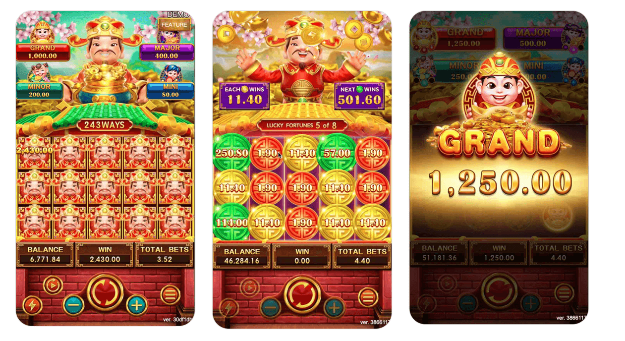Lucky Fortunes Fa Chai Gaming slot screenshot featuring Asian fortune symbols such as ingots, lanterns, and lucky icons designed for simple and beginner-friendly gameplay