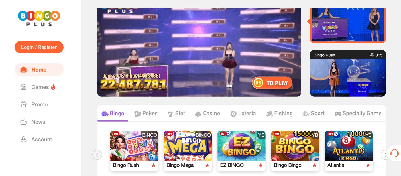 BingoPlus homepage interface showing live bingo and game categories