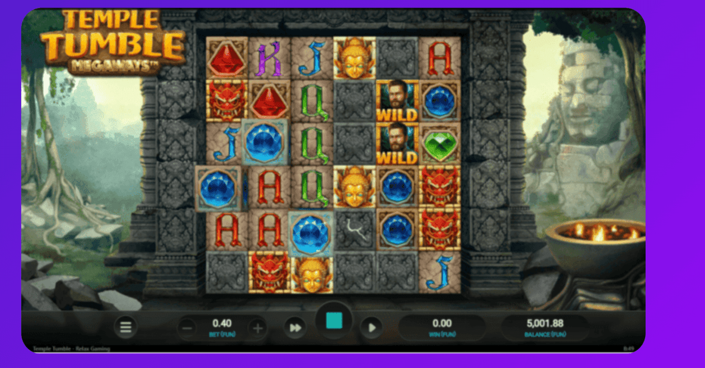 Temple Tumble Megaways slot screenshot showing dark temple exploration setting, ruins atmosphere, and dramatic adventure visuals