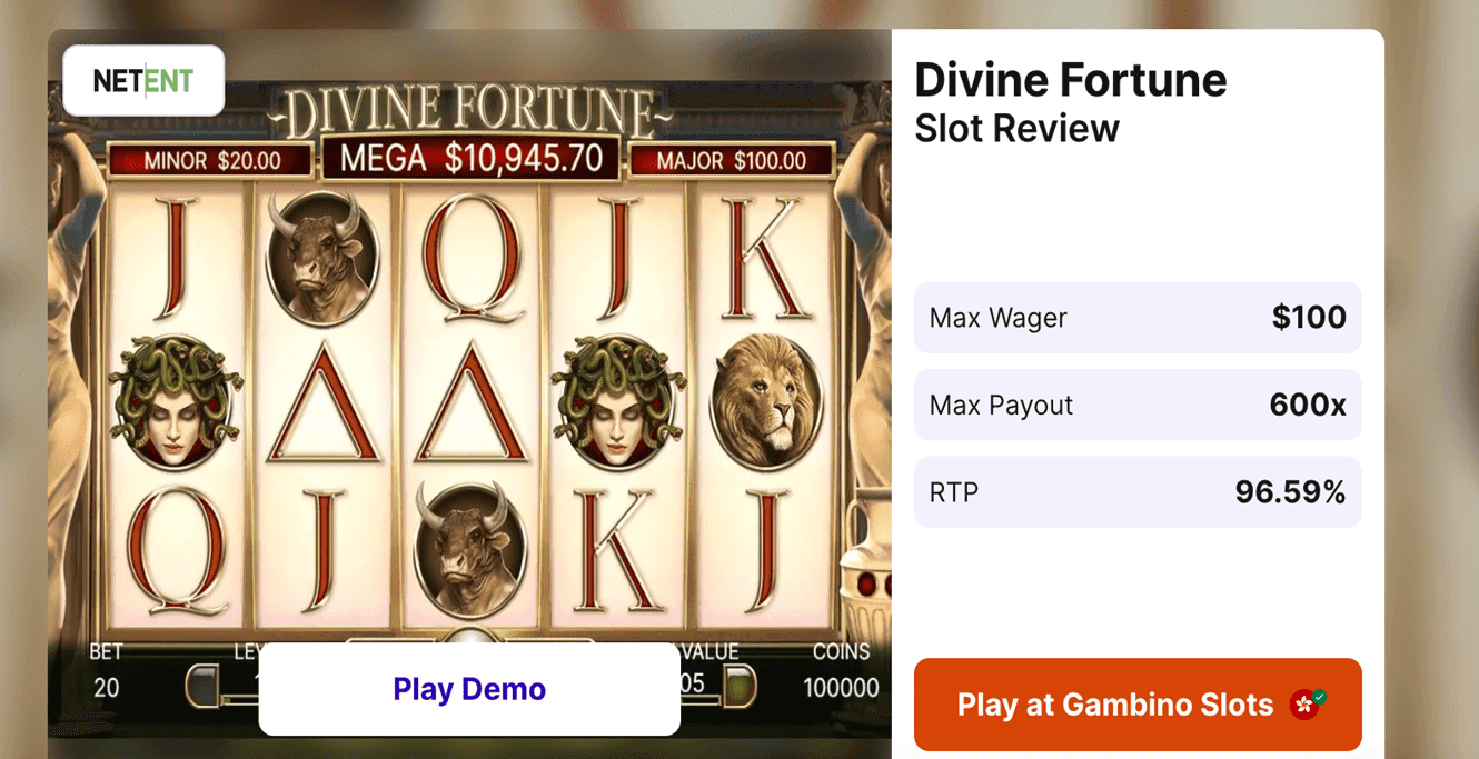 Divine Fortune mythology slot screenshot featuring divine symbols, golden mythical visuals, and a classic reel layout with jackpot-style features