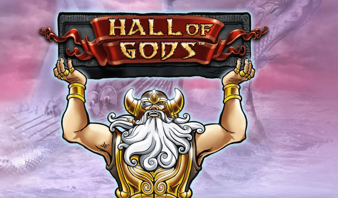 Hall of Gods Norse mythology slot screenshot showing gods of Asgard, dramatic lighting, and progressive jackpot tiers