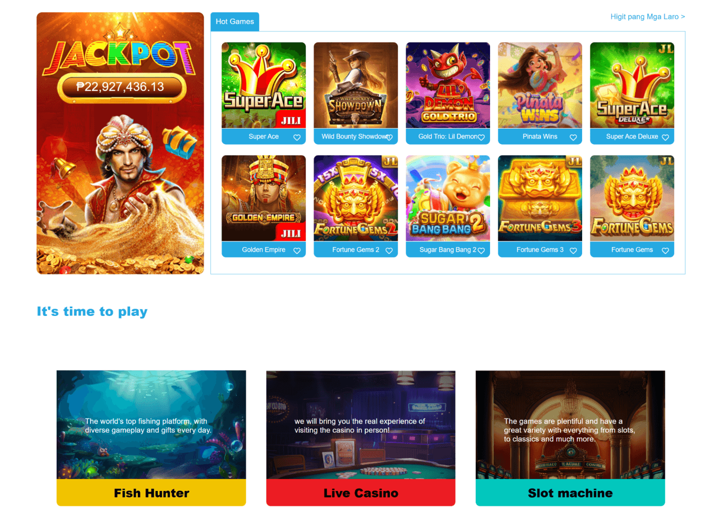 JLPH casino lobby na may hot games, jackpots at slots selection para sa Filipino players