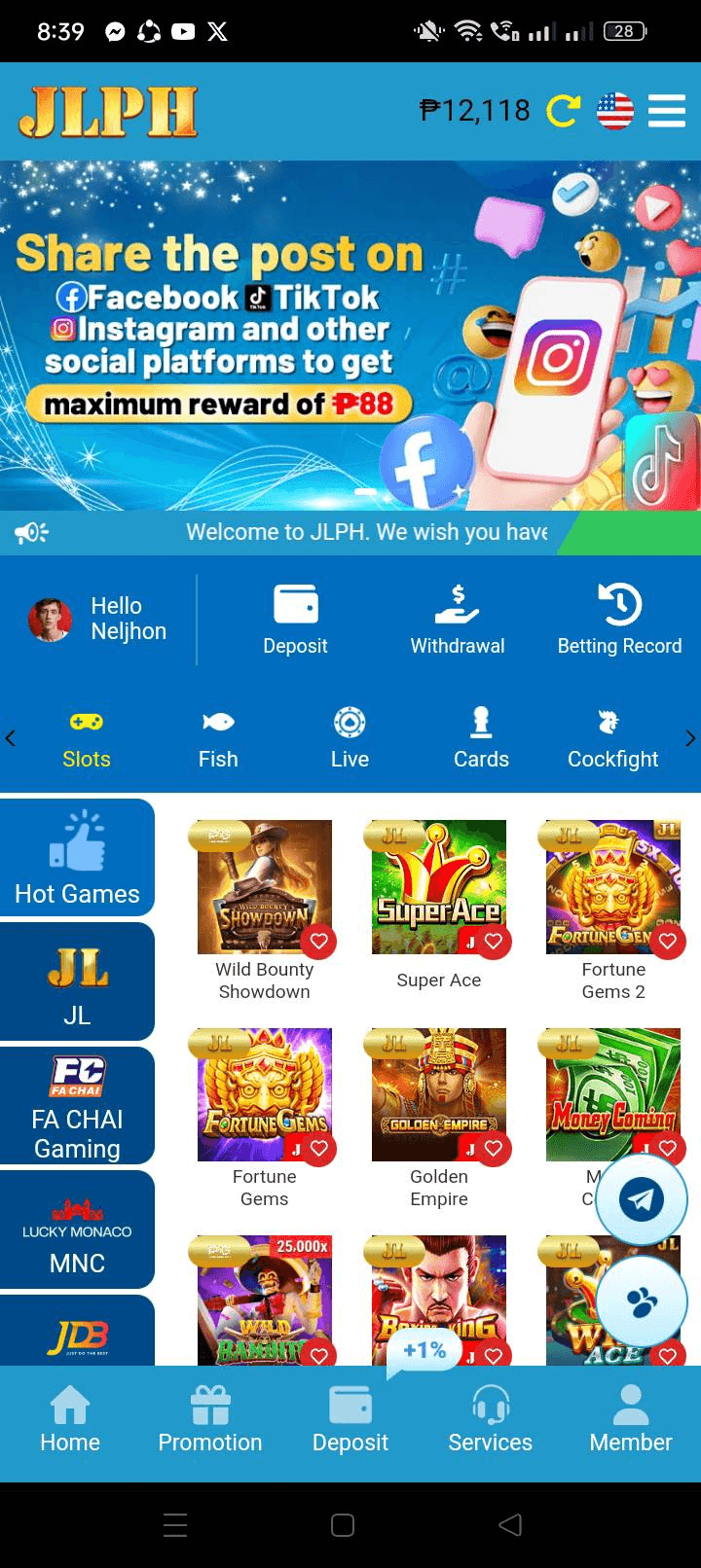 JLPH mobile app interface: slots, promos at player dashboard para sa Pilipinas