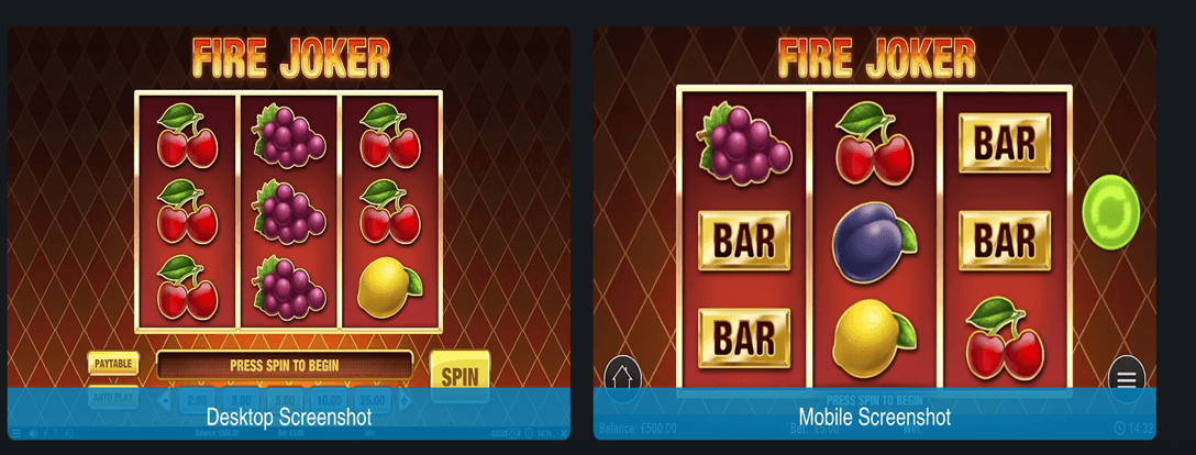 Fire Joker Play’n GO slot screenshot with classic fruit-machine inspired symbols, fast spins, and a clean modern slot interface