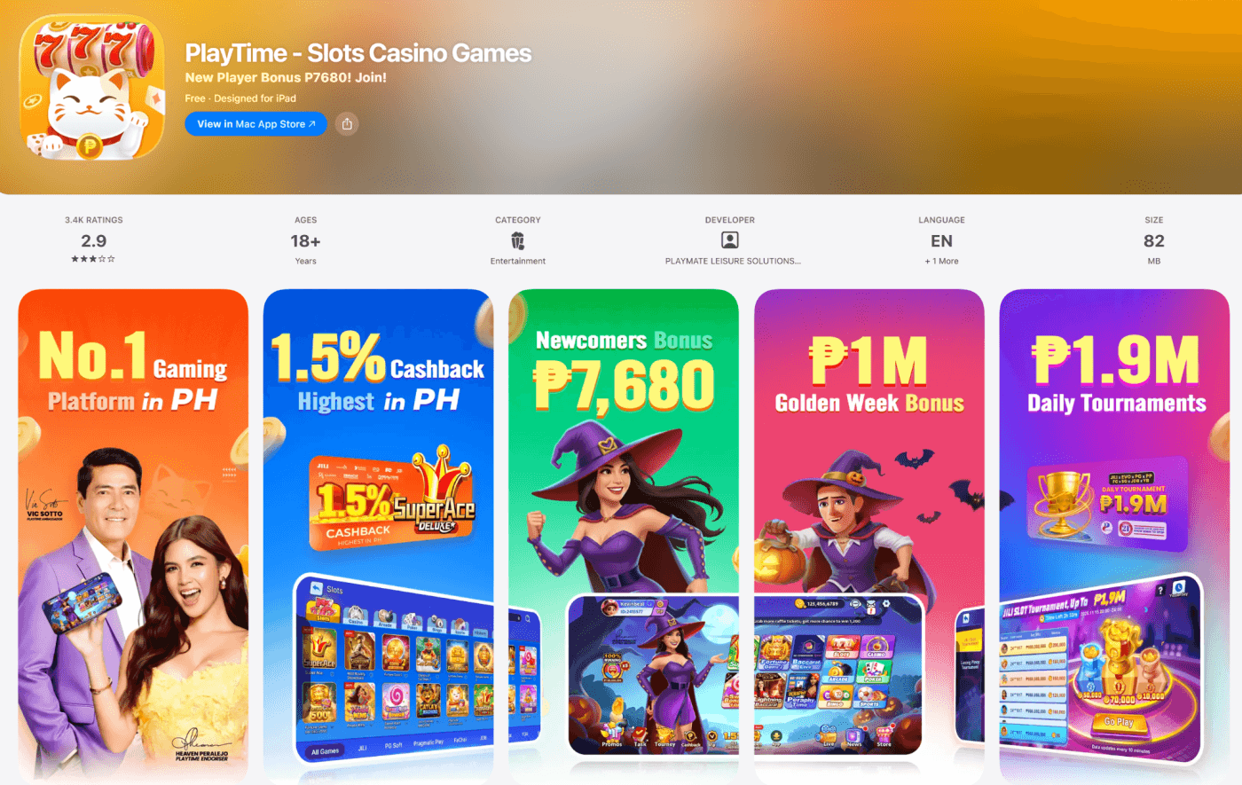 PlayTime Review Philippines App Store preview showing bonuses, tournaments and cashback