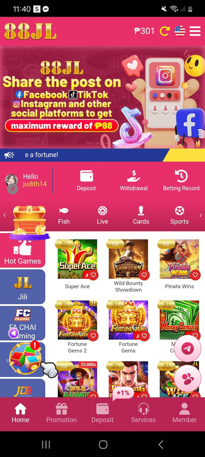 88JL mobile app game lobby showing slots live casino and fishing games