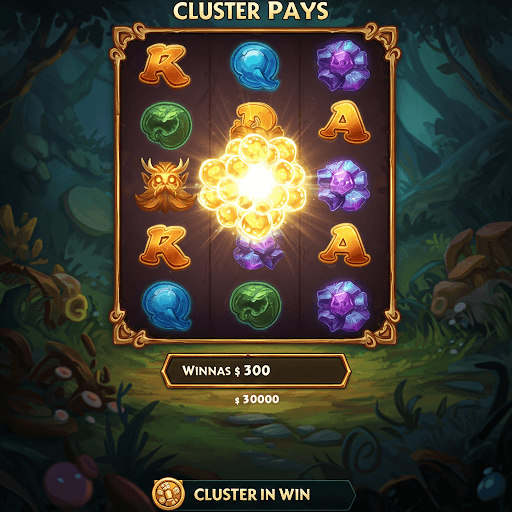Cluster Pays slots mechanics diagram showing grid layout, symbol clusters, and cascading wins sequence