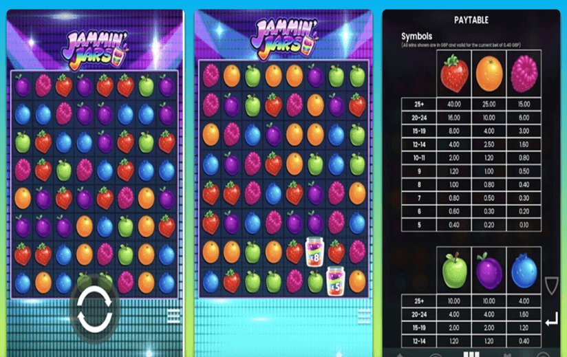 Jammin' Jars cute cartoon slot screenshot featuring colorful jars, bright candy-like visuals, and a cluster pays grid layout