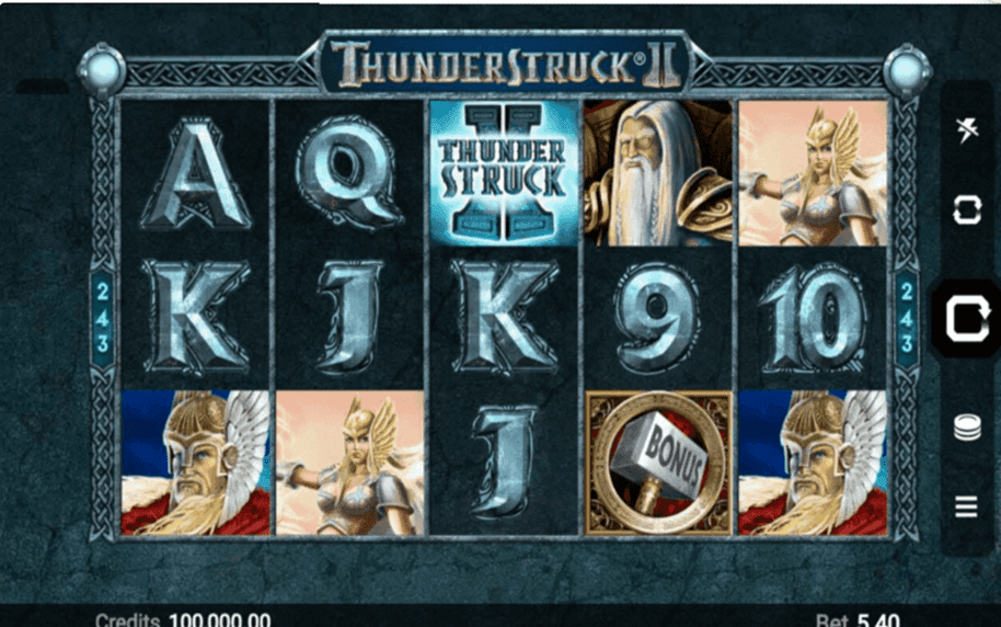Thunderstruck II slot screenshot showing Nordic mythology theme with cinematic 3D visuals, detailed symbols, and epic lighting effects