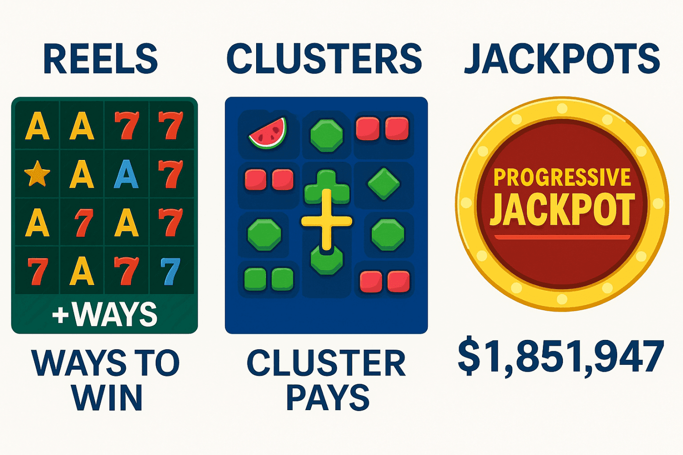 Infographic explaining key slot mechanics: reels and ways to win, cluster pays, and progressive jackpot concept