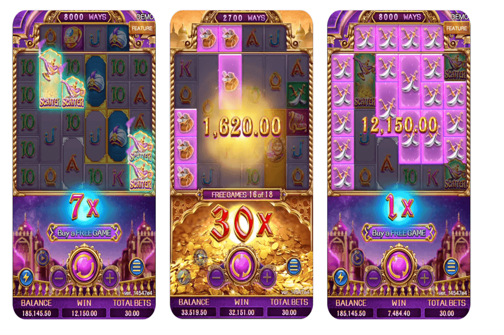Cartoon slots Golden Genie with treasure and magic theme, bright icons, and whimsical design