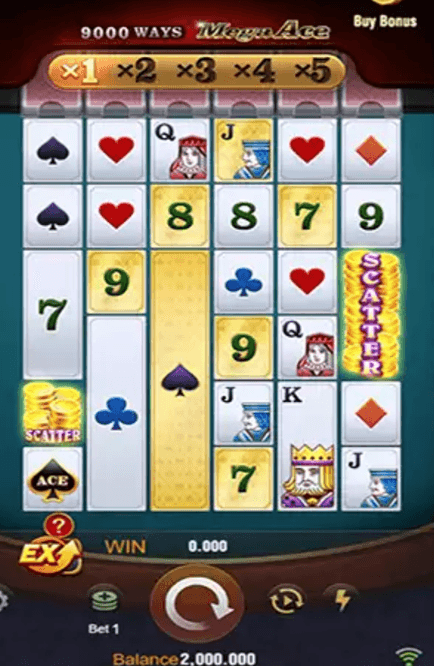 Mega Ace slot screenshot featuring ornate luxury-stylized symbols, dramatic contrast, and decorative icon design