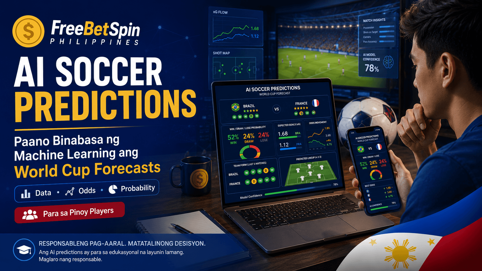 AI soccer predictions guide for Pinoy players with FreeBetSpin logo, machine learning dashboard, football odds, xG data, and World Cup forecast probabilities