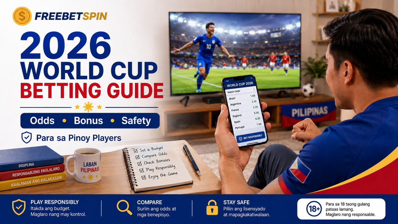2026 World Cup betting guide for Pinoy players with FreeBetSpin logo, soccer odds, bonus tips, and responsible gambling checklist