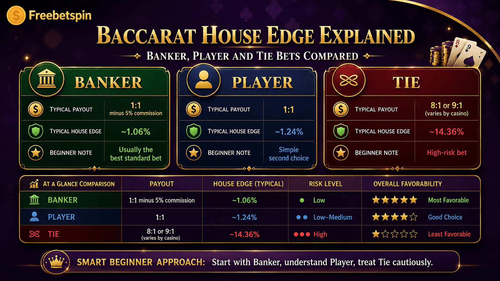 baccarat house edge comparison for Banker Player and Tie bets