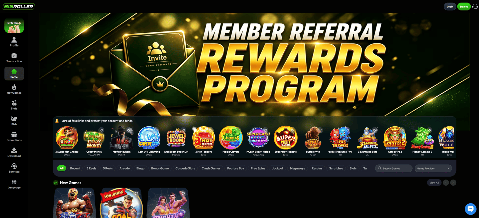BigRoller homepage showing dark casino-style layout with game navigation and account buttons