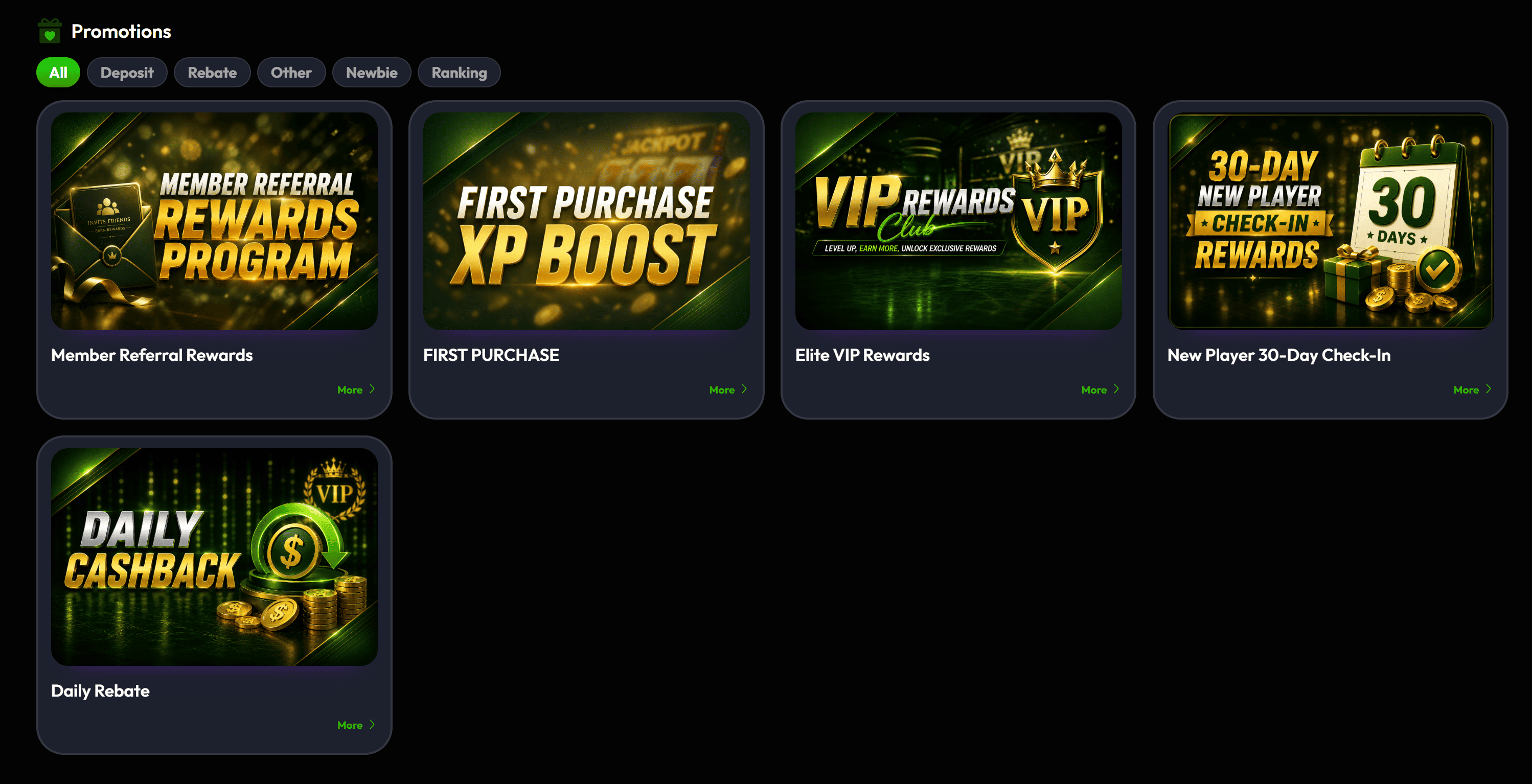 BigRoller promotions page showing referral rewards first purchase VIP rewards check-in and daily rebate offers