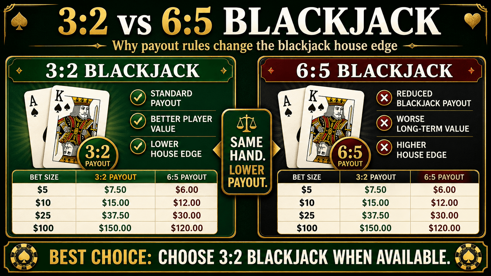 blackjack house edge comparison showing 3:2 blackjack vs 6:5 blackjack payouts