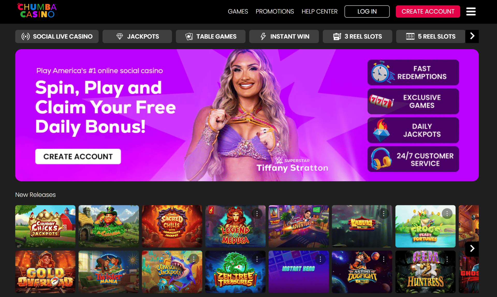 Chumba Casino homepage with navigation, promotions, and casino-style game sections