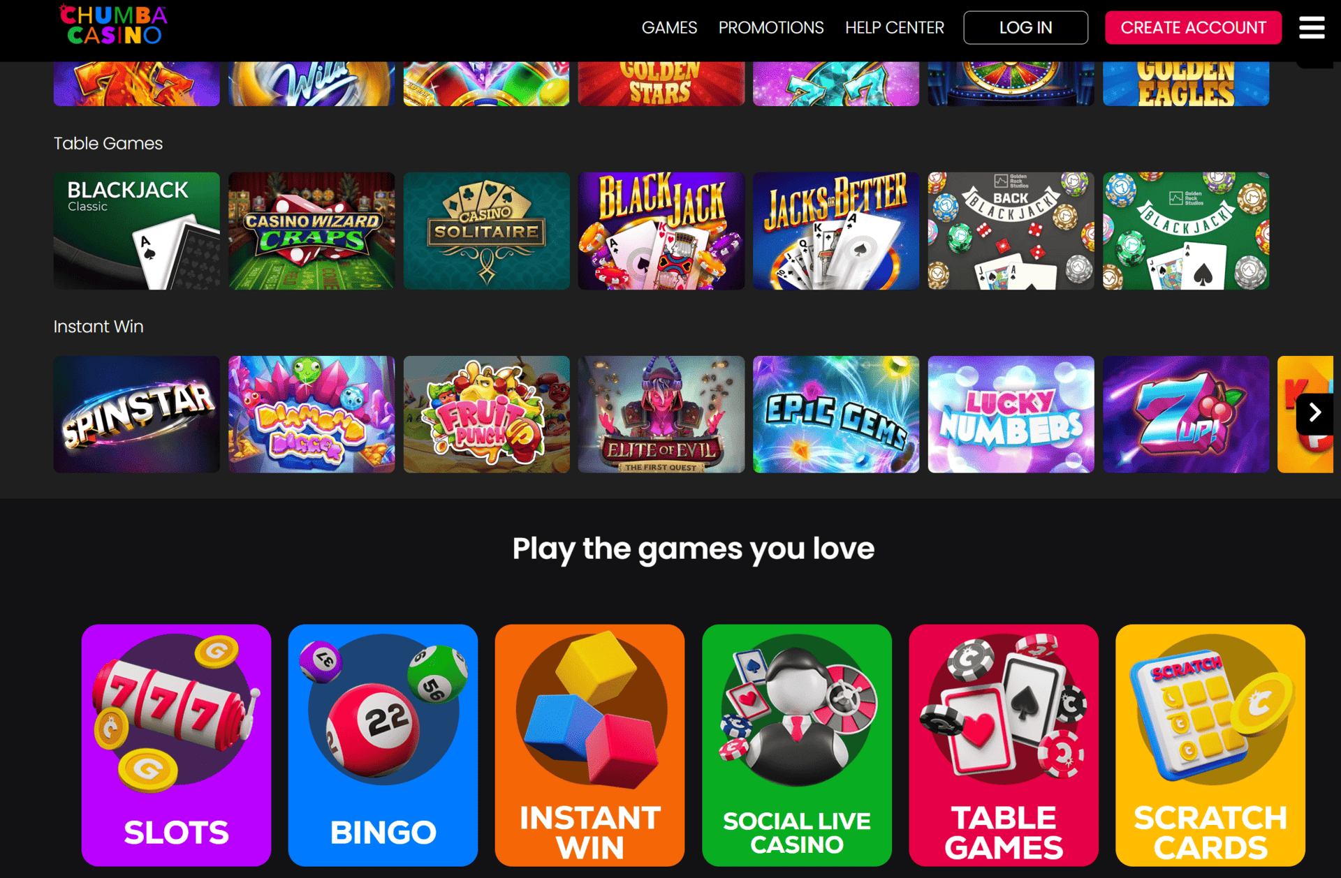 Chumba Casino game lobby featuring slots, table games, instant win games, and scratch card categories