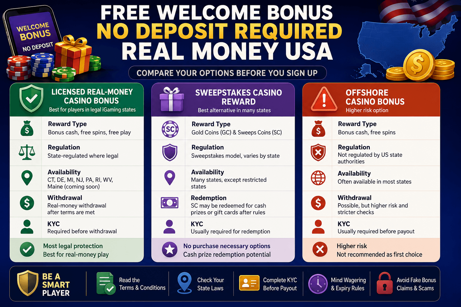 free welcome bonus no deposit required real money usa comparison chart