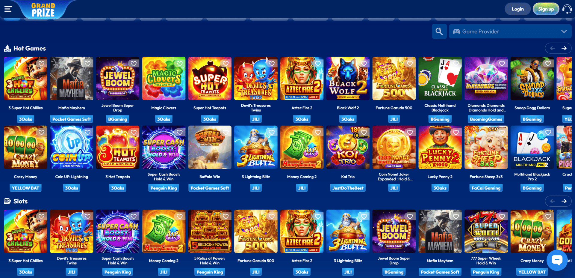 GrandPrize review homepage showing welcome bonus mobile casino games and rewards
