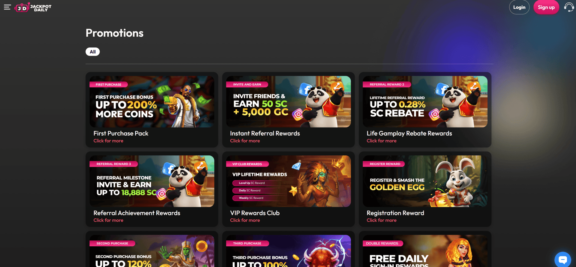 JackpotDaily review bonus lobby with welcome rewards daily rewards and VIP offers