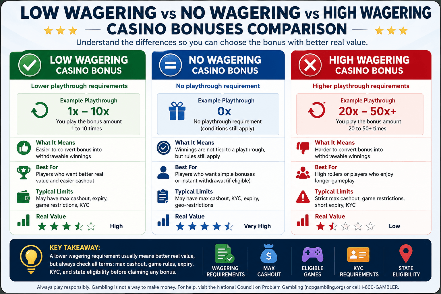 low wagering casino bonus comparison chart