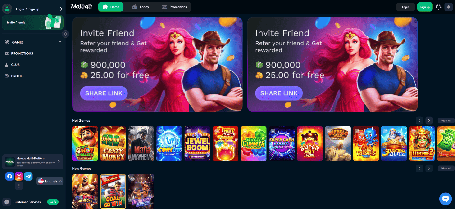 Mojogo homepage showing login menu game navigation and social casino layout