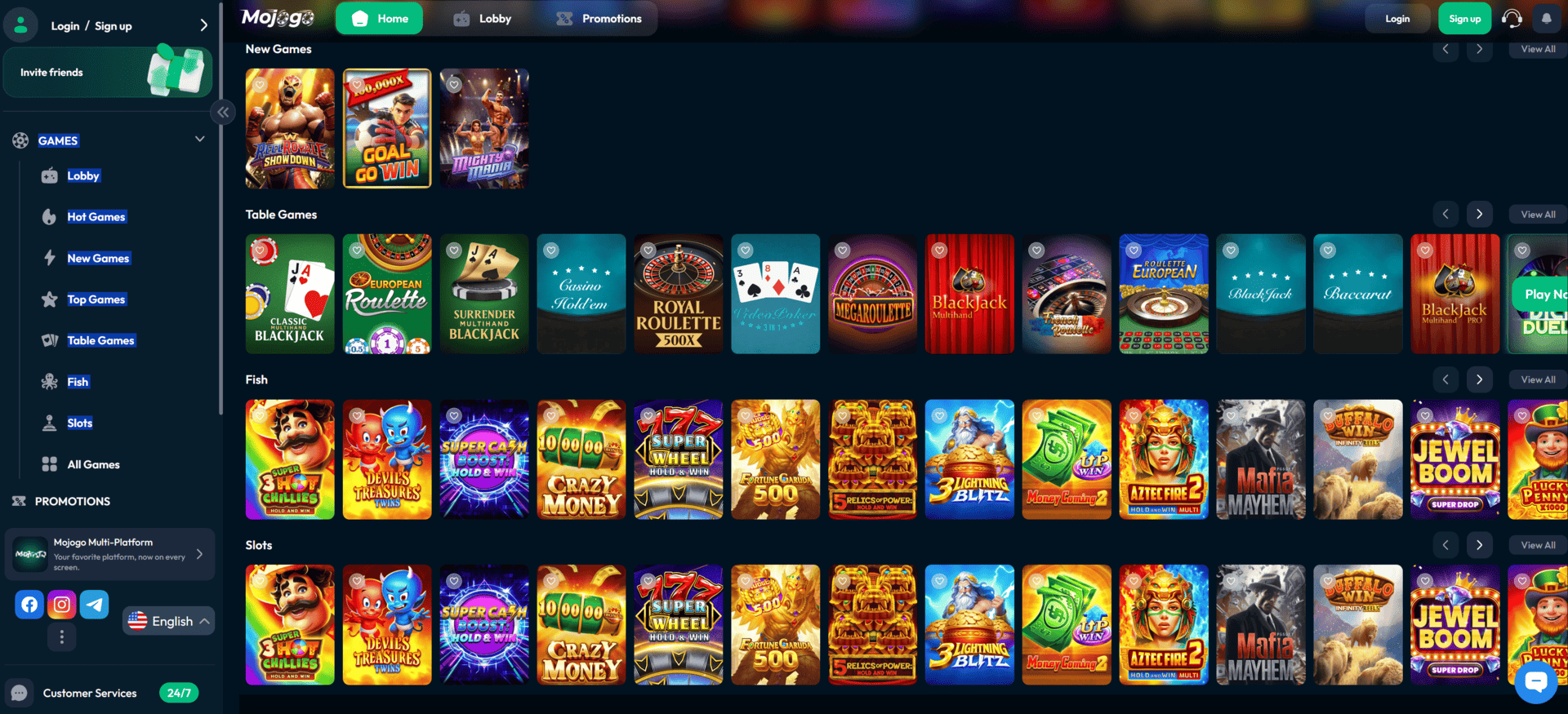 Mojogo game lobby with table games fish games slots hot games and new releases