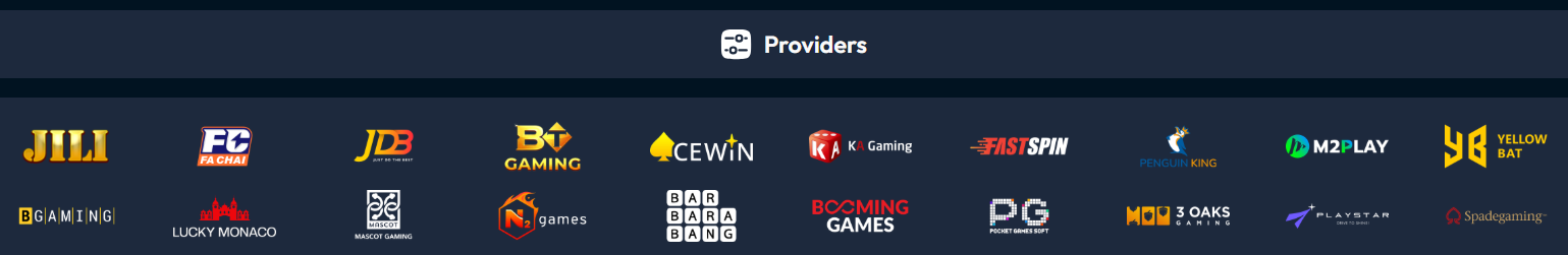 Mojogo providers section showing casino-style game studios and slot suppliers