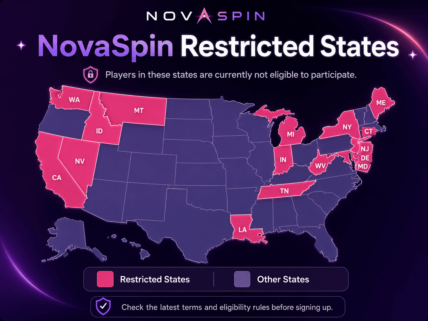 NovaSpin restricted states map showing unavailable U.S. states