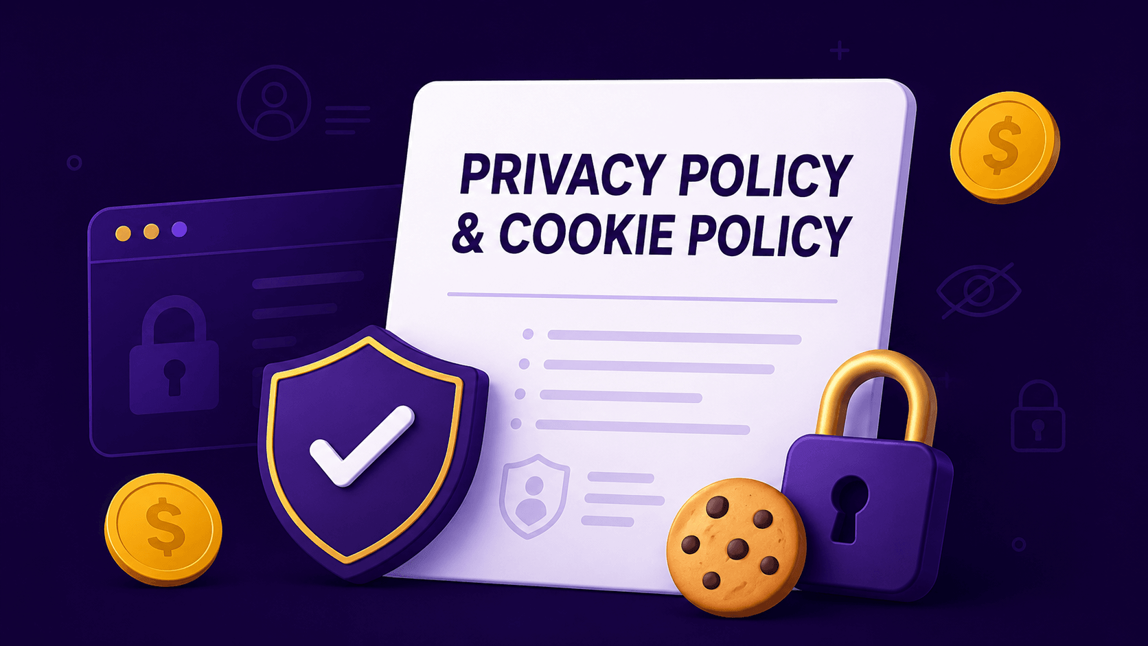 Privacy Policy and Cookie Policy document with a shield, padlock, cookie icon, and casino-style coins on a dark purple Freebetspin background
