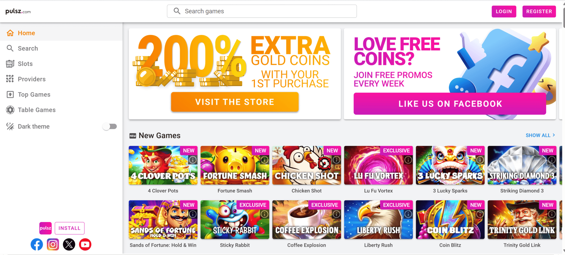 Pulsz homepage showing social casino games, Gold Coin offers, and mobile-friendly navigation
