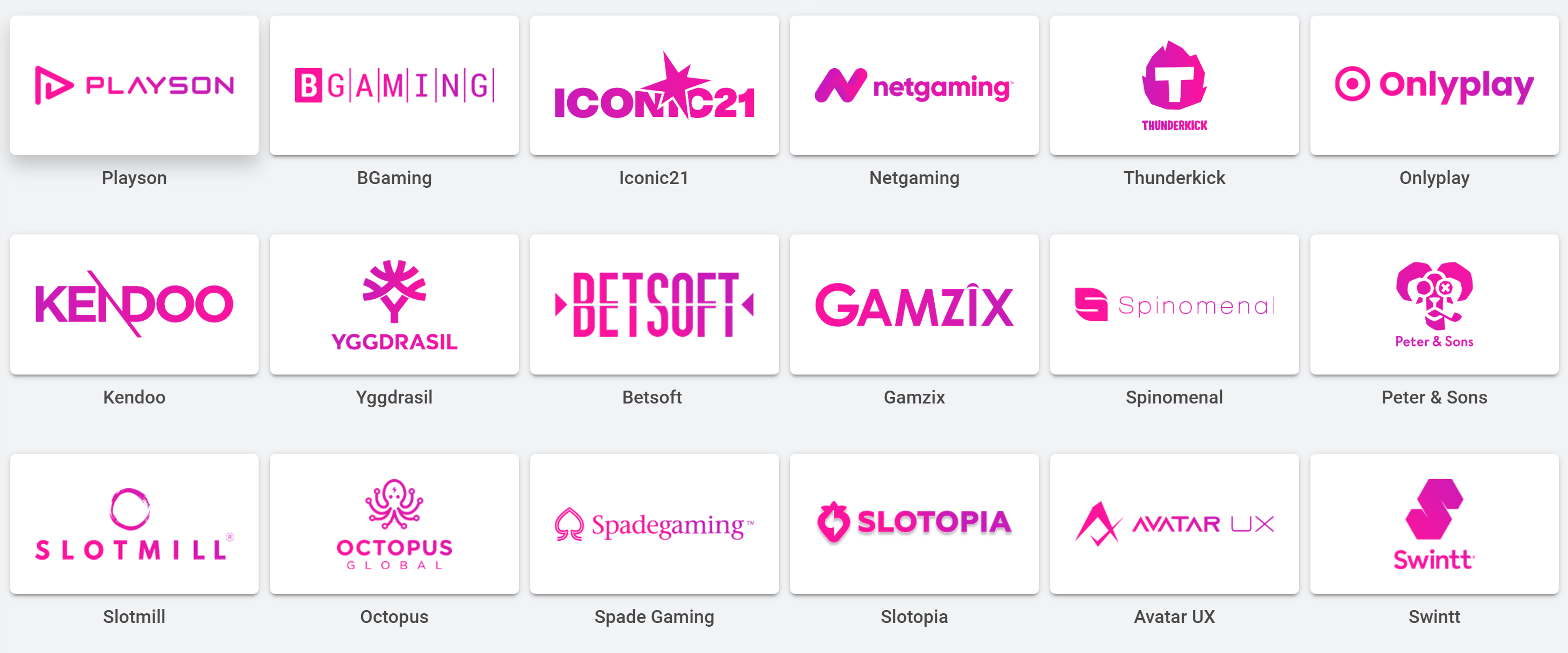 Pulsz providers page showing software studios such as Playson, BGaming, Yggdrasil, Betsoft, and Spadegaming