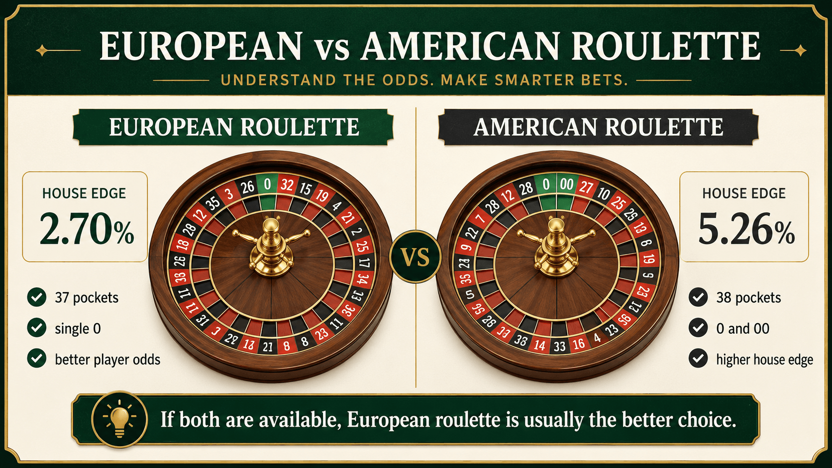 roulette house edge comparison between European and American roulette