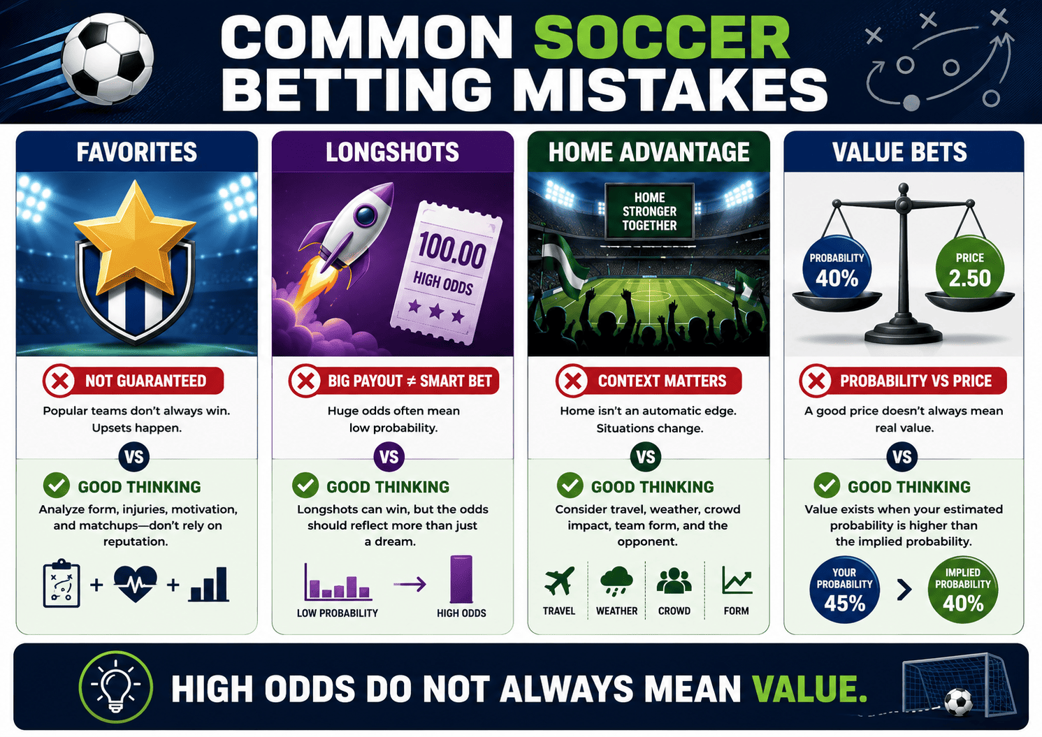 soccer betting mistakes comparison showing favorites longshots and value bet meaning