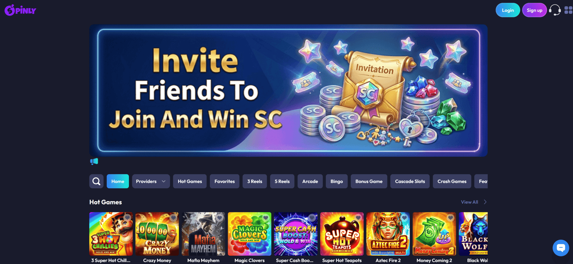 Spinly review homepage showing welcome bonus apps games and sweepstakes casino features