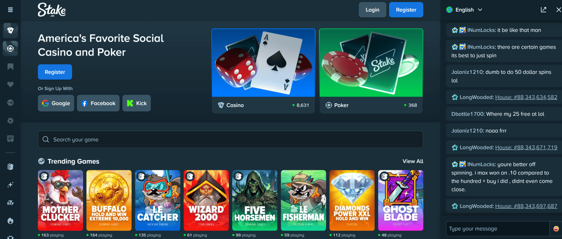 Stake.us homepage showing casino and poker navigation, game categories, promotions, and live chat panel