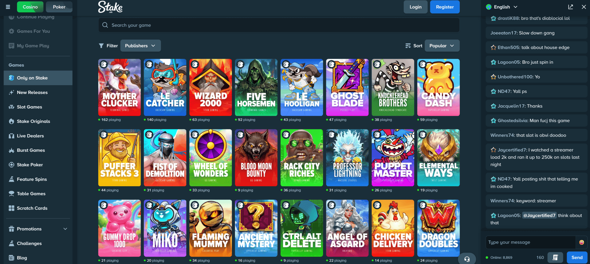 Stake.us hot games lobby showing colorful slot titles, Only on Stake games, and player activity indicators