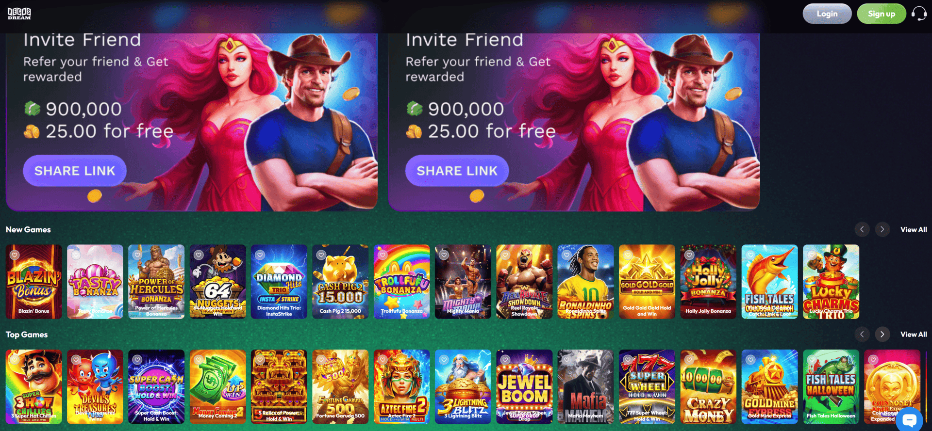 Vegas Dream review game lobby with slots arcade games top games and provider spotlight