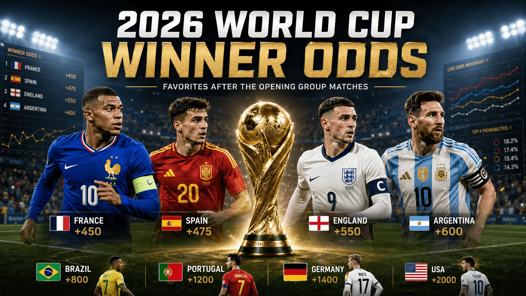 who will win the World Cup 2026 with latest winner odds and favorites France Spain England Argentina