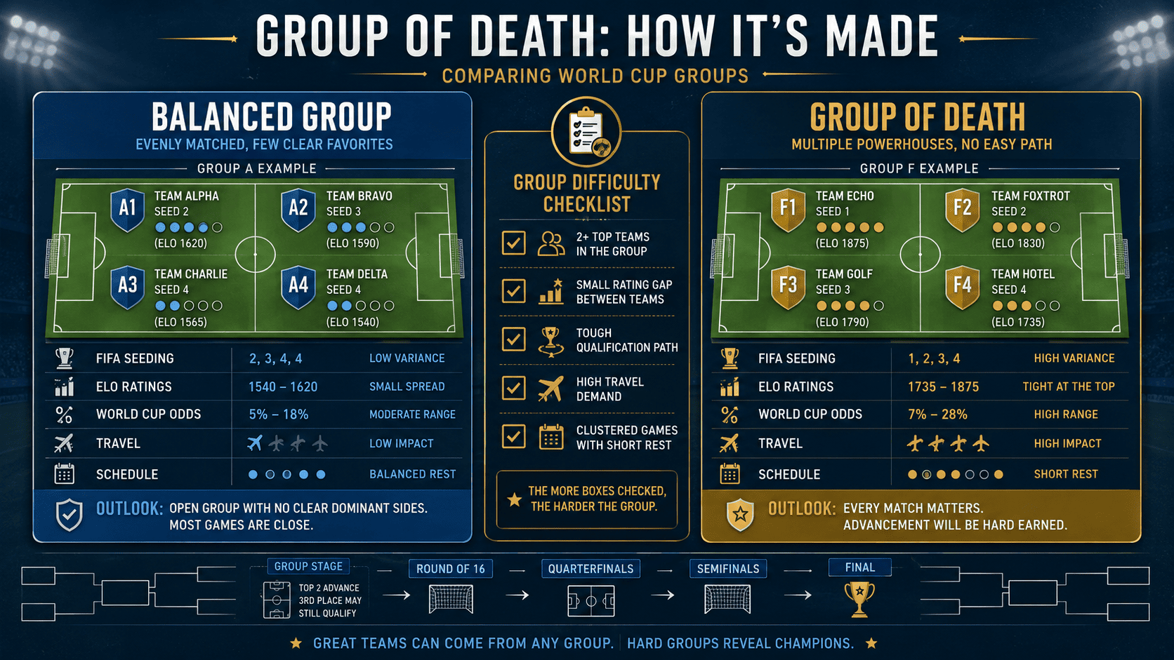 World Cup group of death comparison showing FIFA seeding Elo ratings and group difficulty levels
