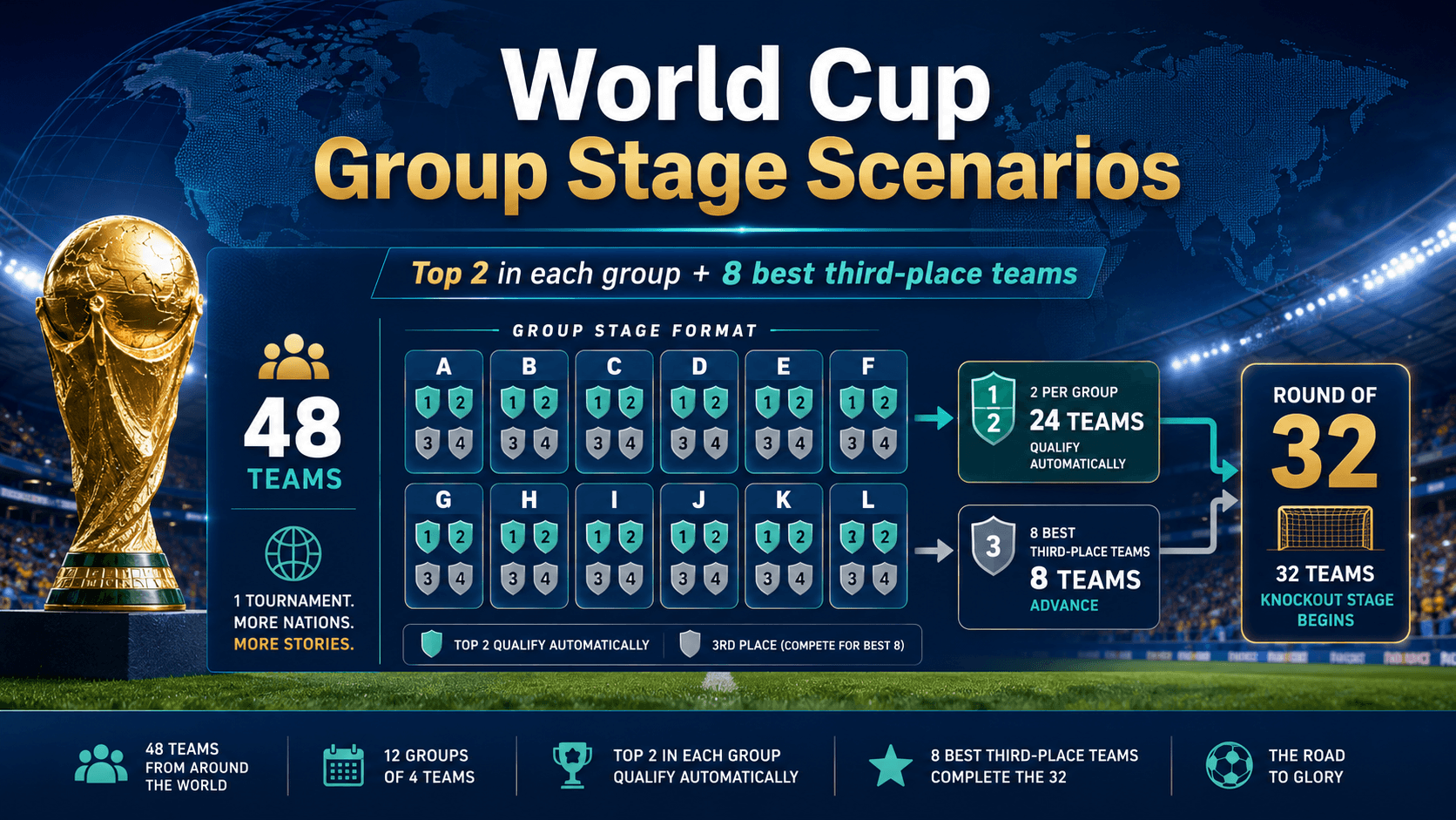 World Cup group stage scenarios showing qualification paths top two teams and best third-place teams