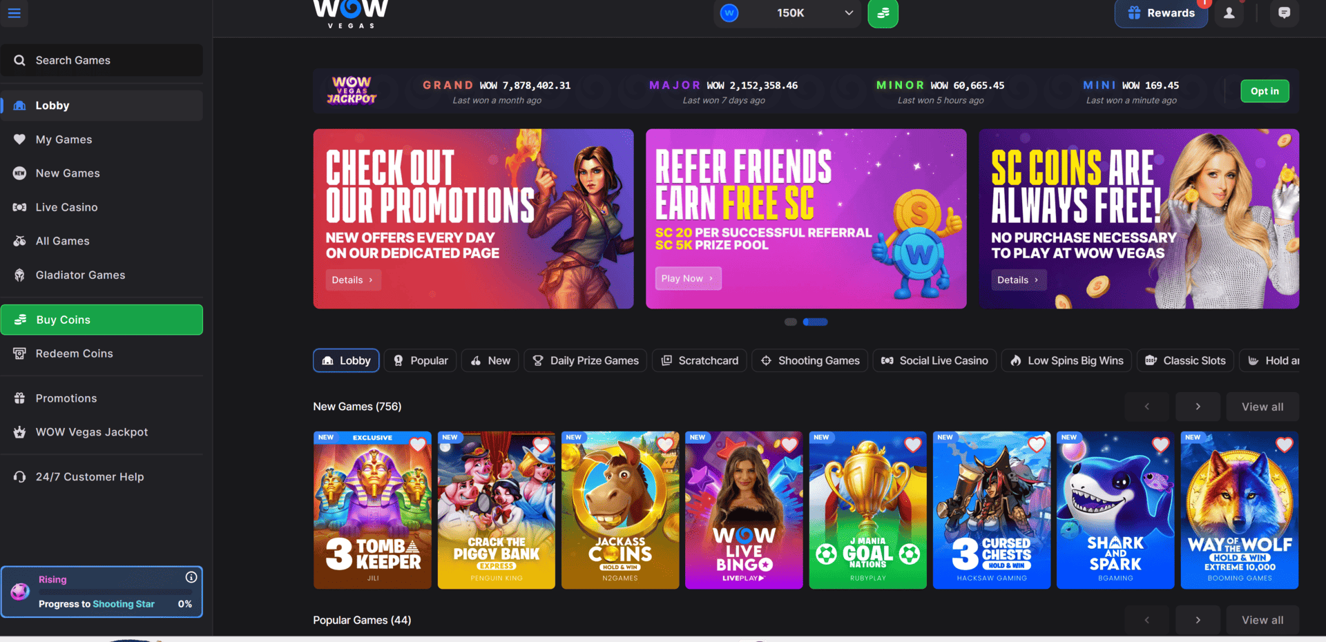 WOW Vegas lobby showing new games popular titles game providers and quick buy coin packs