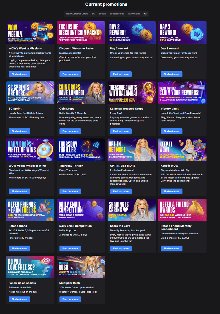 WOW Vegas Coin Store with discounted WOW Coins packs and location-based SC gameplay notice