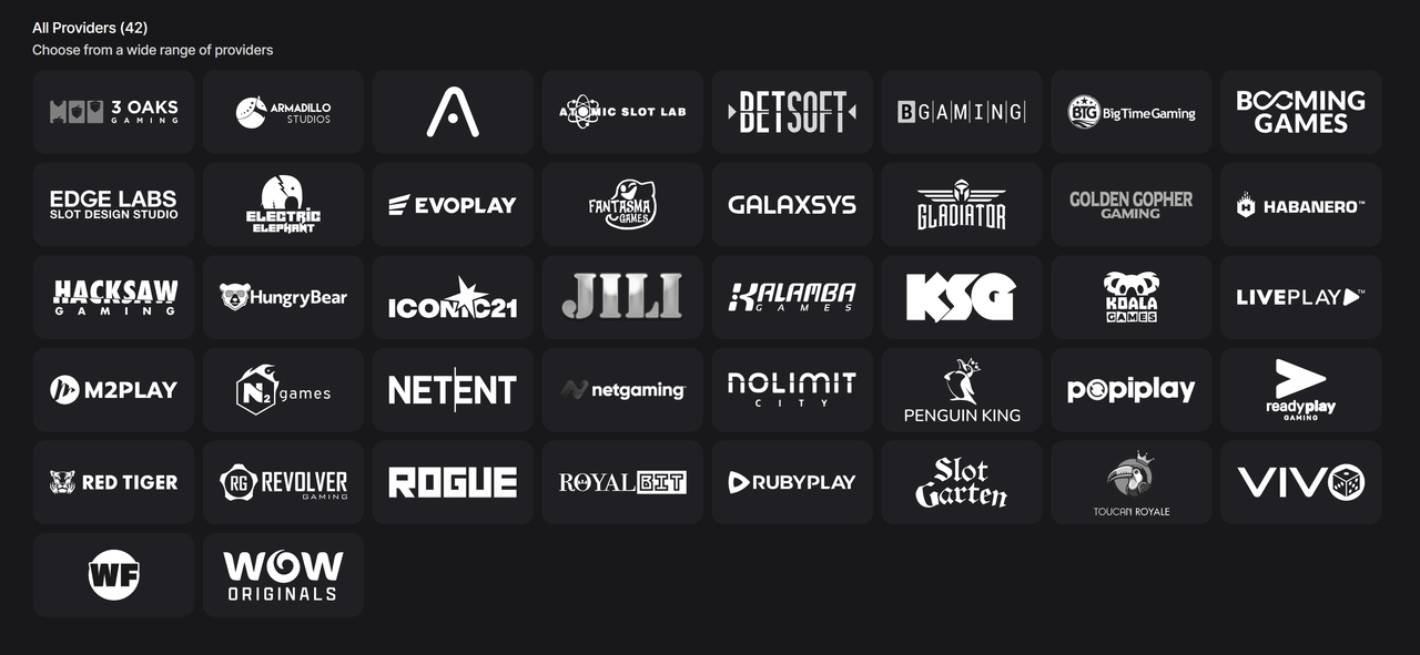WOW Vegas providers page showing 42 casino-style game studios